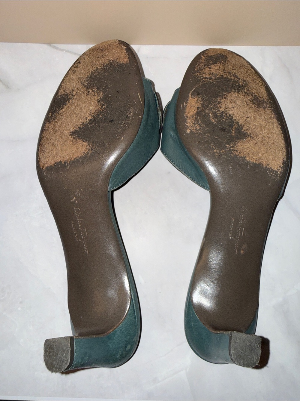 Salvatore Ferragamo Teal Leather Buckle Slide Mules - Picture 9 of 12